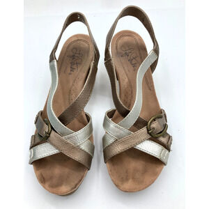 Life Stride NaturalWedge Sandals Woman's 6M Cork Like Heel Platinum/Chrome Shoes